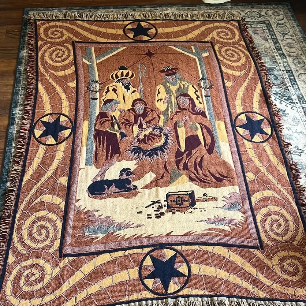Vintage Tapestry Throw with Nativity Scene Fringed Trim 46X64”